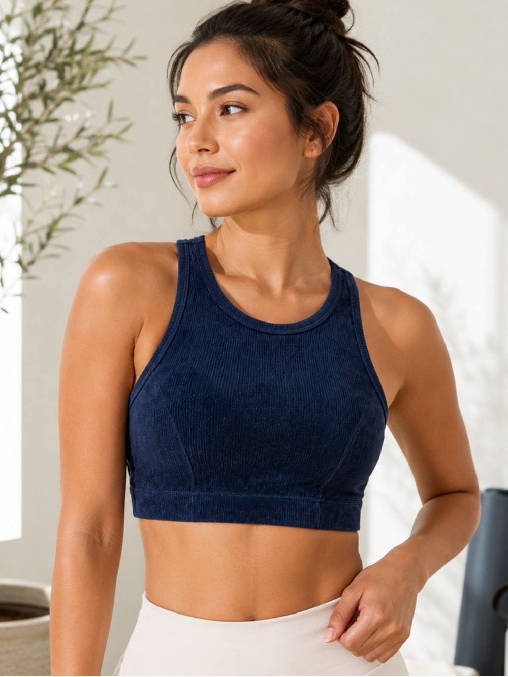 Aerie Chill Play Move Navy Velvety High Neck Racerback Sports Bra L